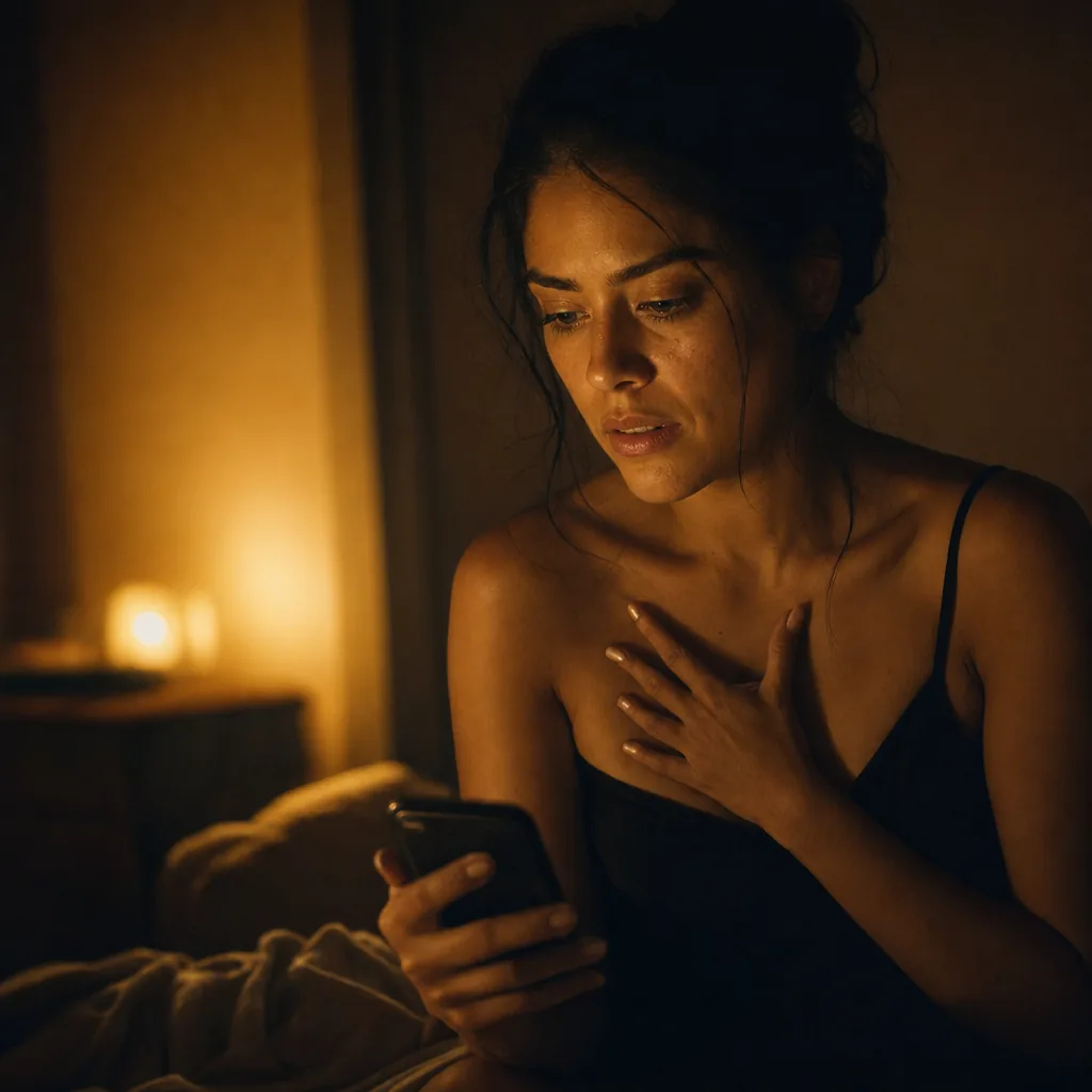 Mujer de noche con el teléfono en la mano, atrapada en el ciclo de volver con quien le hace daño