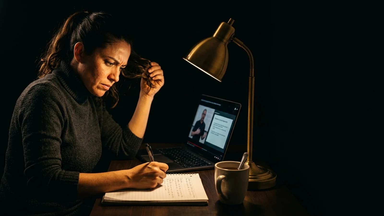 Mujer tomando notas de noche mientras ve el curso gratuito sobre apego emocional y narcisismo en YouTube