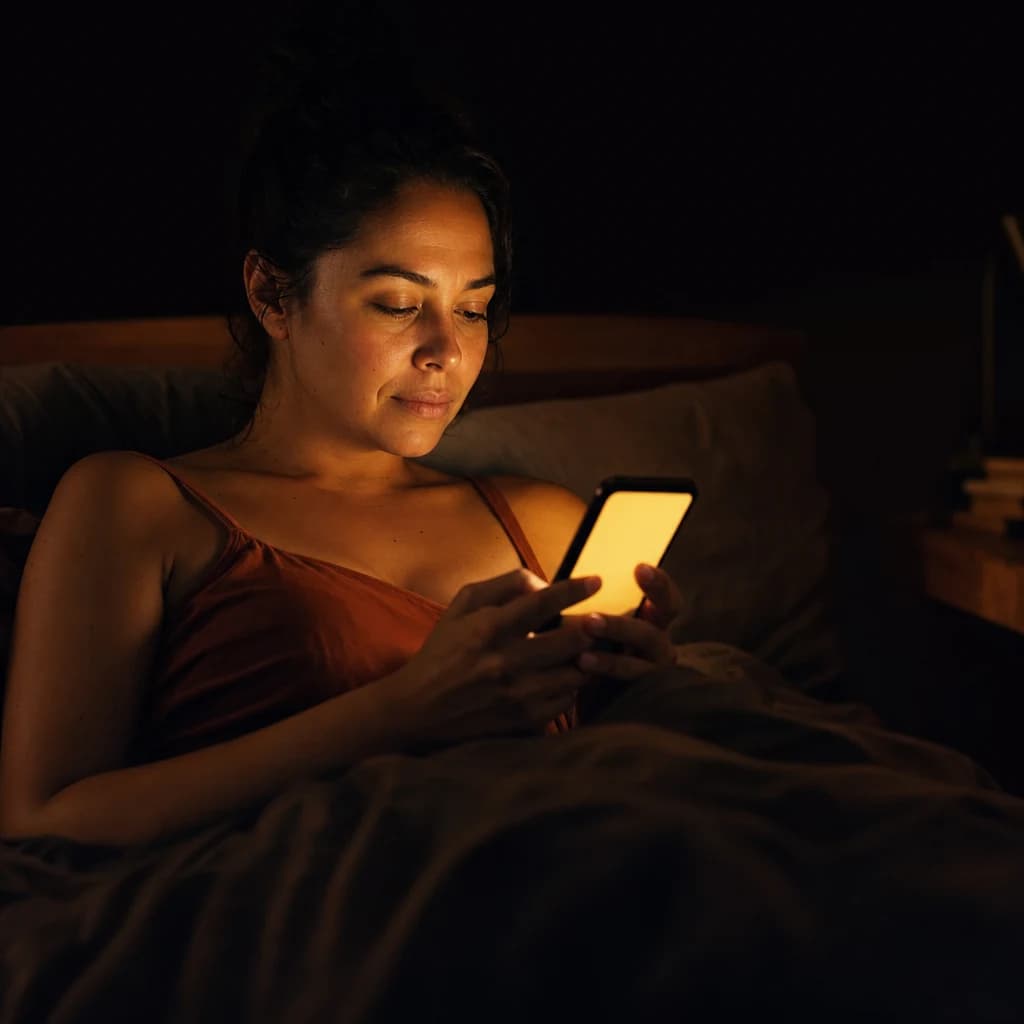 Mujer usando la app Mente Detox de noche, eligiendo no escribirle al narcisista