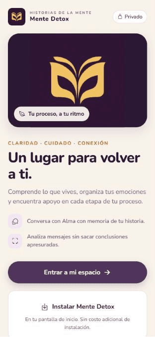 Pantalla real de Mente Detox con el nuevo diseño de Historias de la Mente